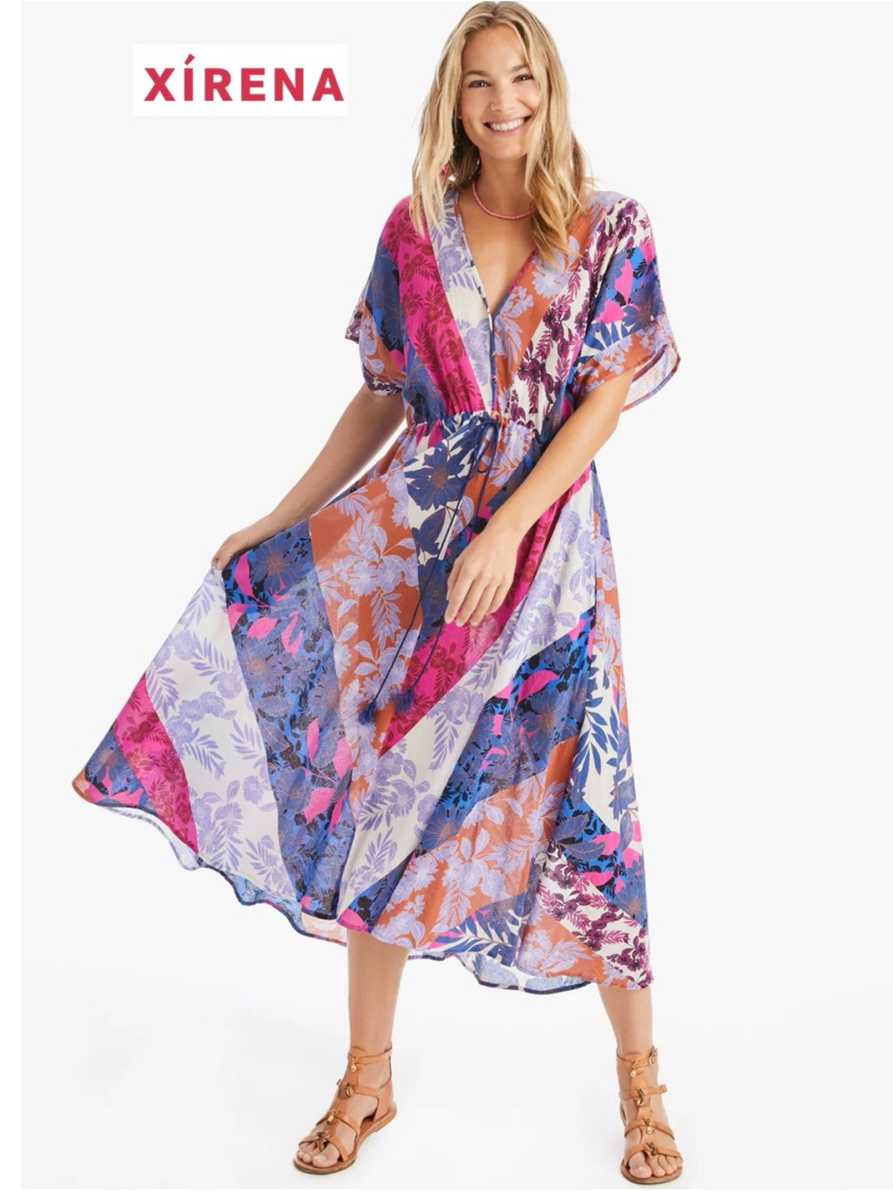 Xirena Grayson Floral Patchwork Pinks Cotton Midi Dress Boho V-Neck Size S Gauze